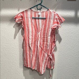 Old Navy Red and White Flutter Sleeve Wrap Top